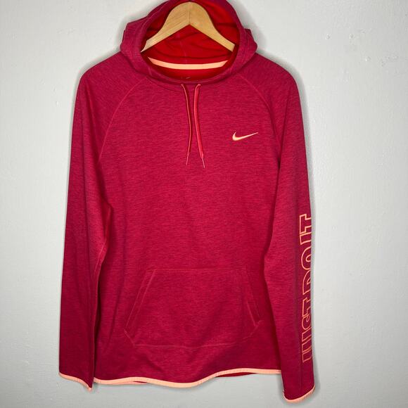 Nike Dri Fit Hoodie XL Womens Red Funnel Neck Logo Spell Out Just Do It Athletic - Picture 1 of 10